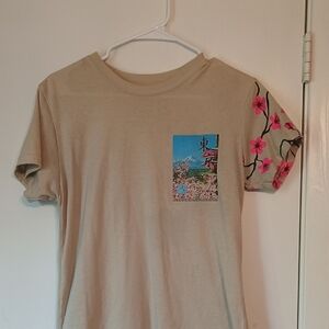 Beige T-Shirt with Floral Sleeve and Graphic Pocket